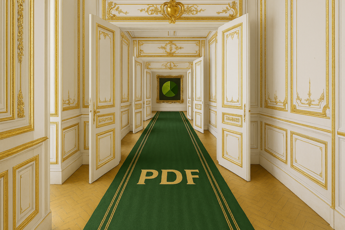 KI-Generiertes Bild von offene Palast-Türen und PDF Teppich. Am ende Befindet sich ein Umrahmtes Bild eines Kreis-Diagrammes.